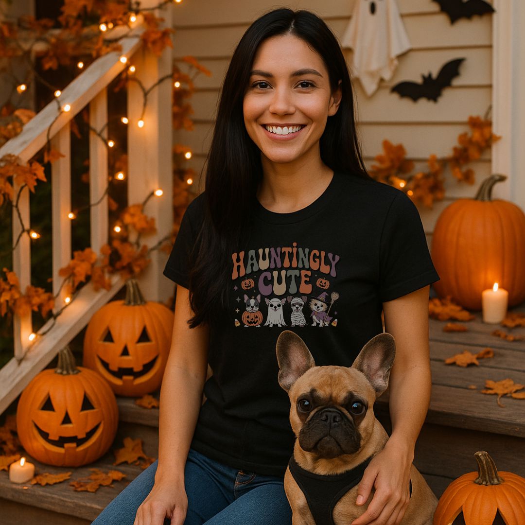 Black unisex t-shirt with retro dog graphic and ‘Hauntingly Cute' text, perfect for dog lovers.