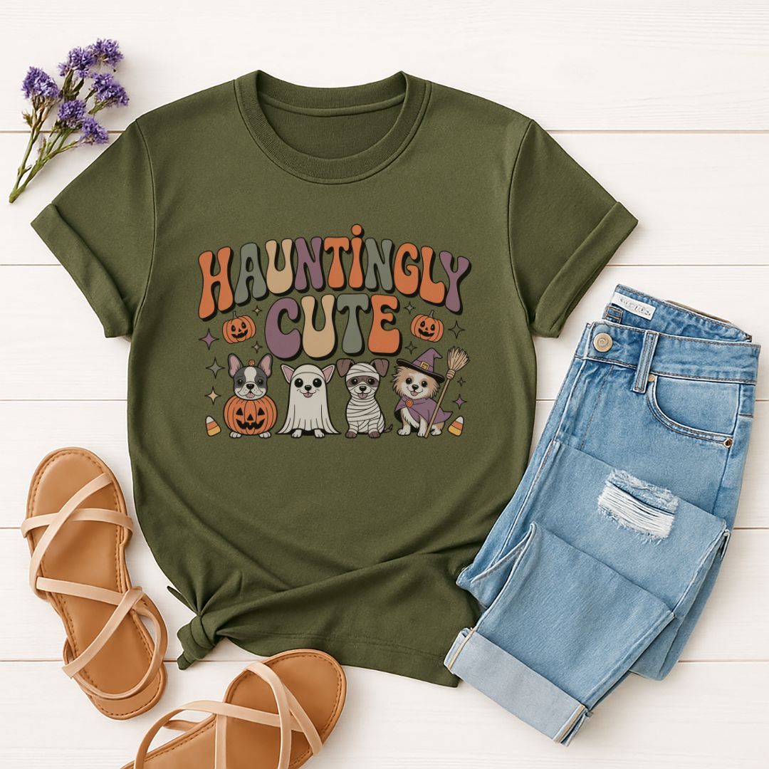 Military Green Gildan 6400 unisex t-shirt with retro dog graphic and ‘Hauntingly Cute' text, perfect for dog lovers.