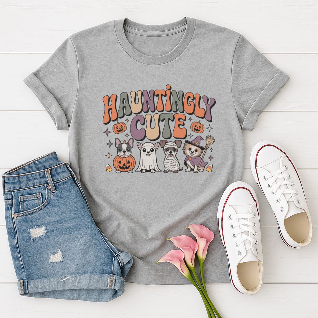 Sport Gray Gildan 6400 unisex t-shirt with retro dog graphic and ‘Hauntingly Cute' text, perfect for dog lovers.