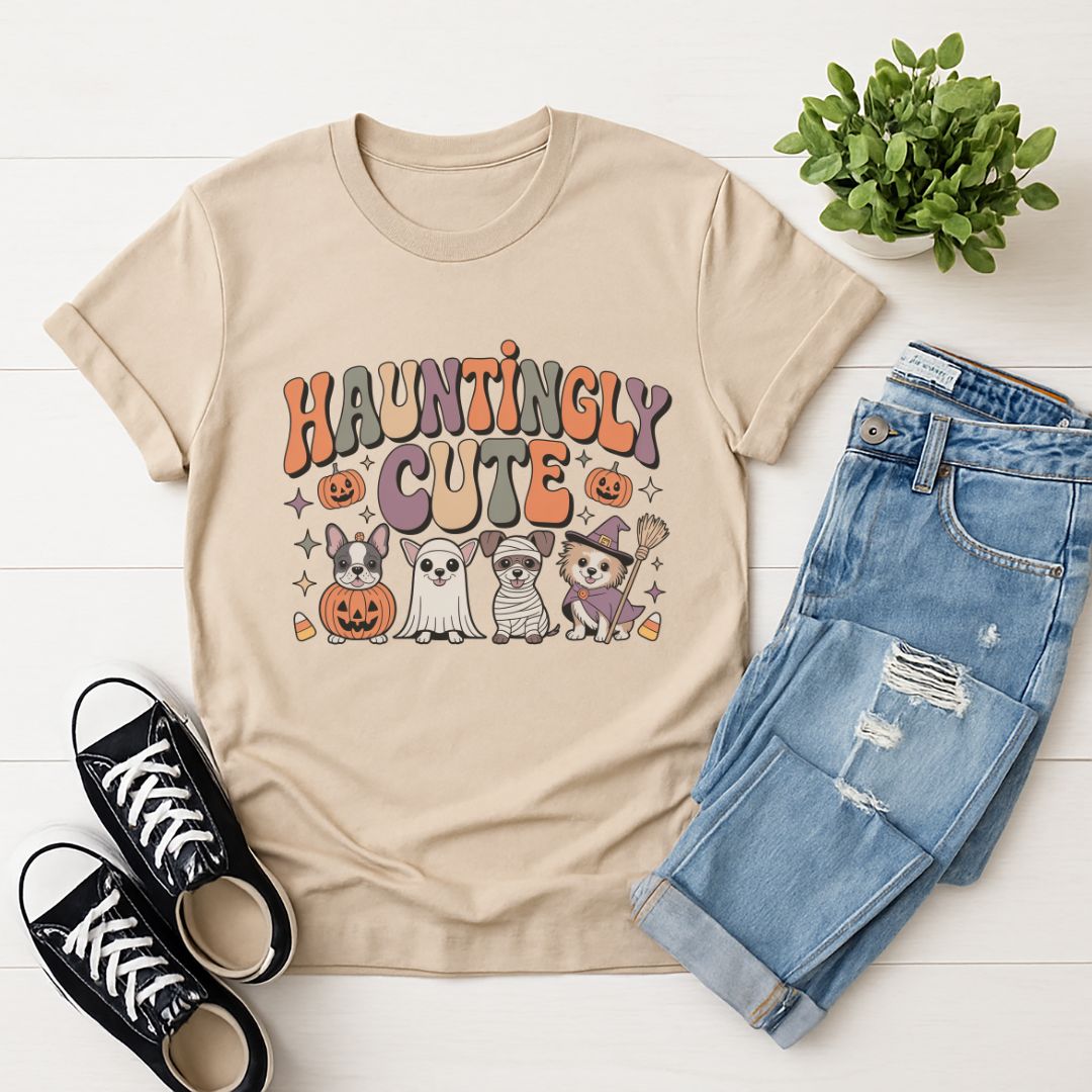 Sand Beige Gildan 6400 unisex t-shirt with retro dog graphic and ‘Hauntingly Cute' text, perfect for dog lovers.