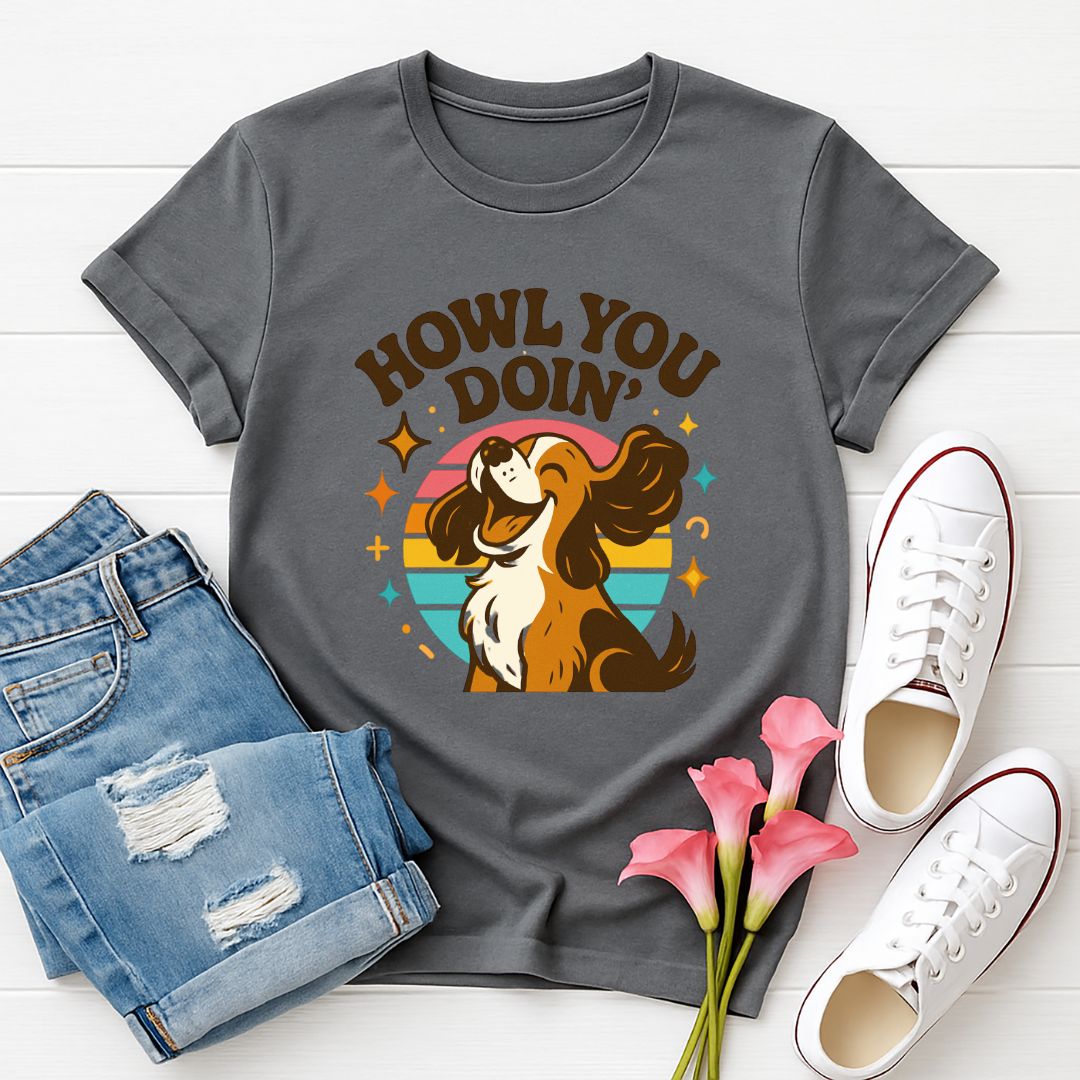 Charcoal Gray Gildan 6400 unisex t-shirt with retro dog graphic and ‘Howl You Doin'’ text, perfect for dog lovers.
