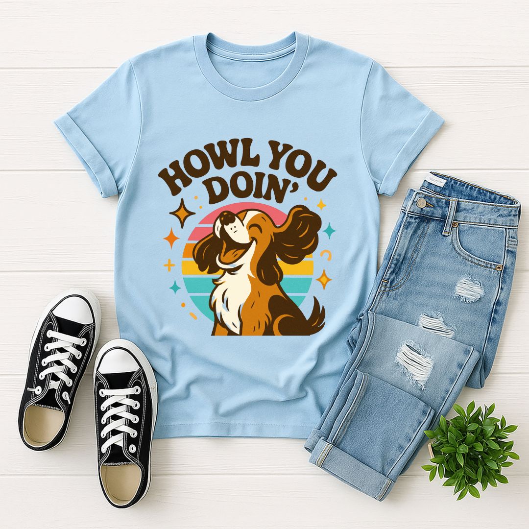 Light Blue Gildan 6400 unisex t-shirt with retro dog graphic and ‘Howl You Doin'’ text, perfect for dog lovers.