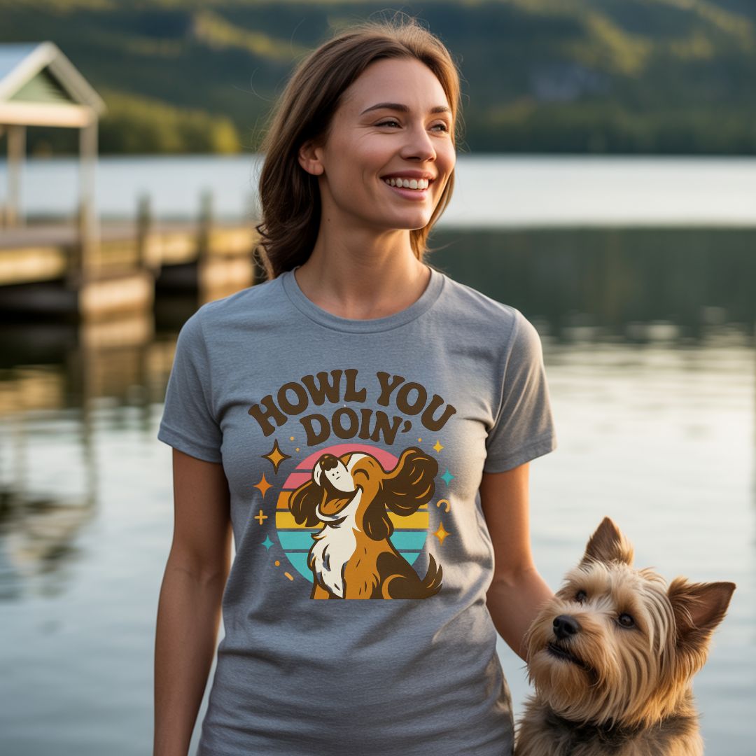 Sport Gray unisex t-shirt with retro dog graphic and ‘Howl You Doin'’ text, perfect for dog lovers.
