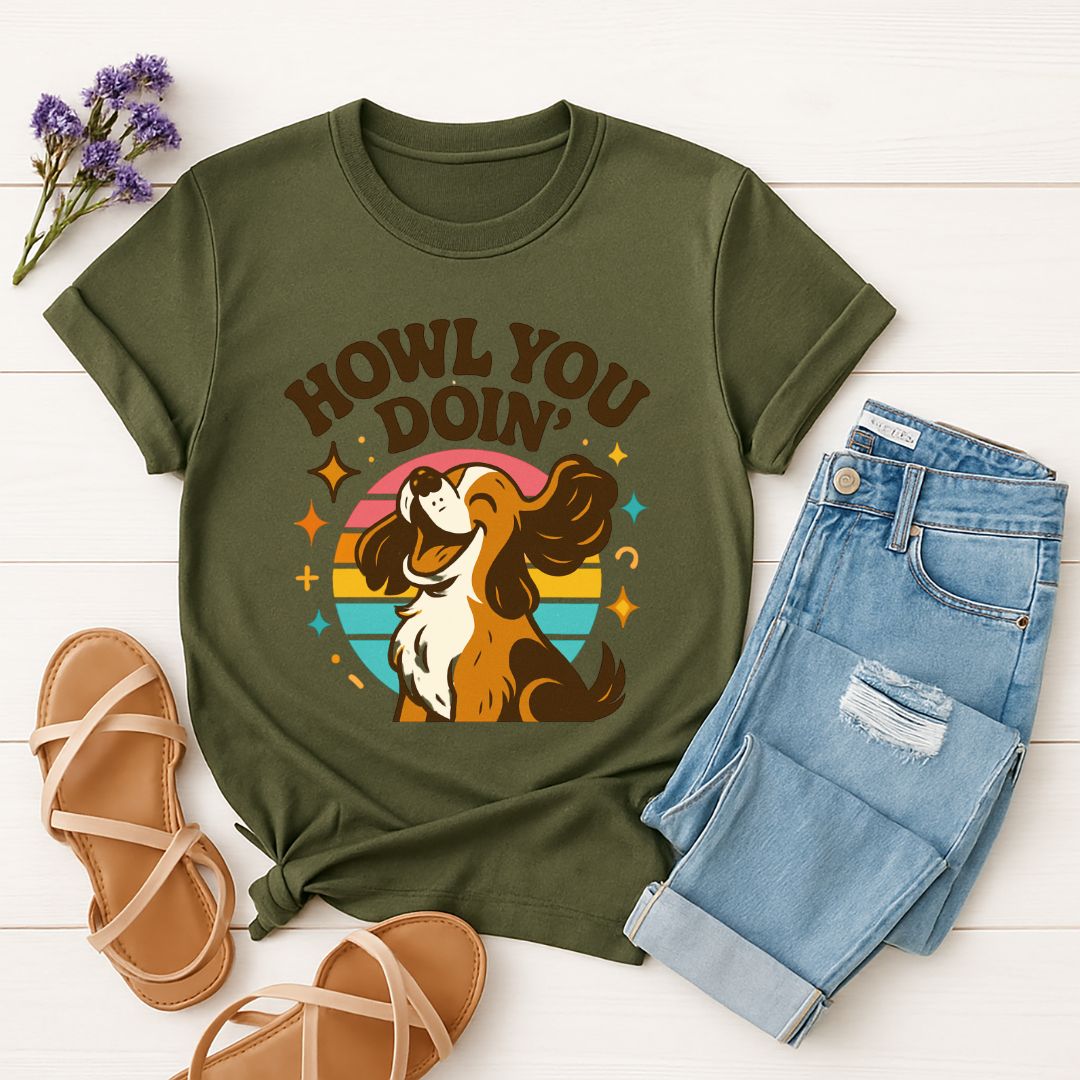 Military Green Gildan 6400 unisex t-shirt with retro dog graphic and ‘Howl You Doin'’ text, perfect for dog lovers.