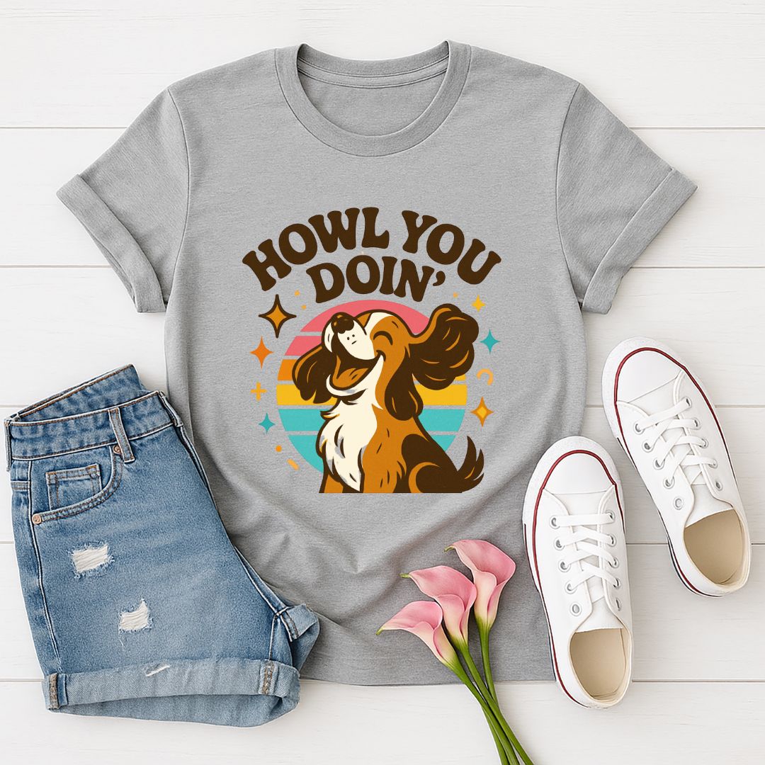 Sport Gray Gildan 6400 unisex t-shirt with retro dog graphic and ‘Howl You Doin'’ text, perfect for dog lovers.