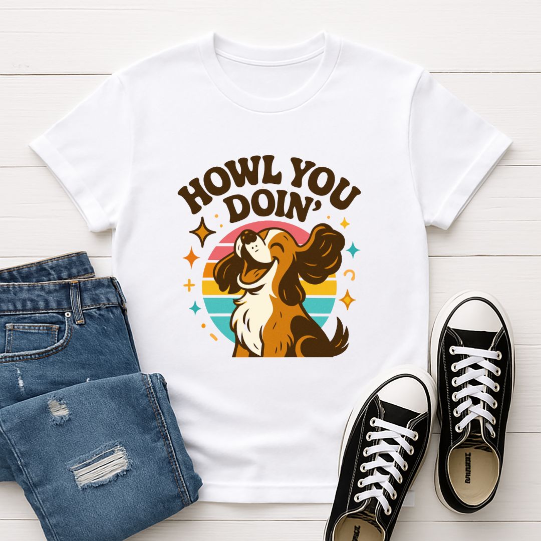 White Gildan 6400 unisex t-shirt with retro dog graphic and ‘Howl You Doin'’ text, perfect for dog lovers.