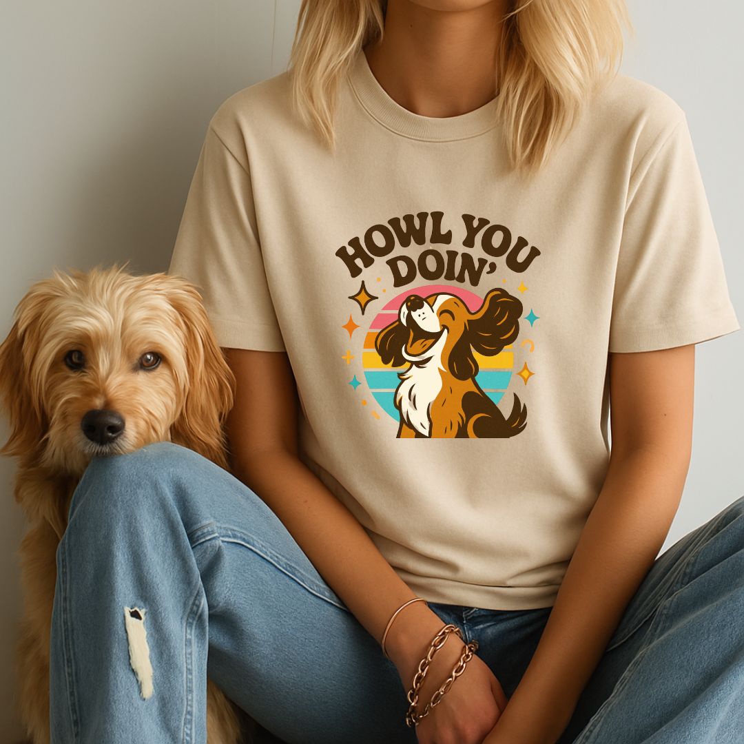 Sand Beige unisex t-shirt with retro dog graphic and ‘Howl You Doin'’ text, perfect for dog lovers.