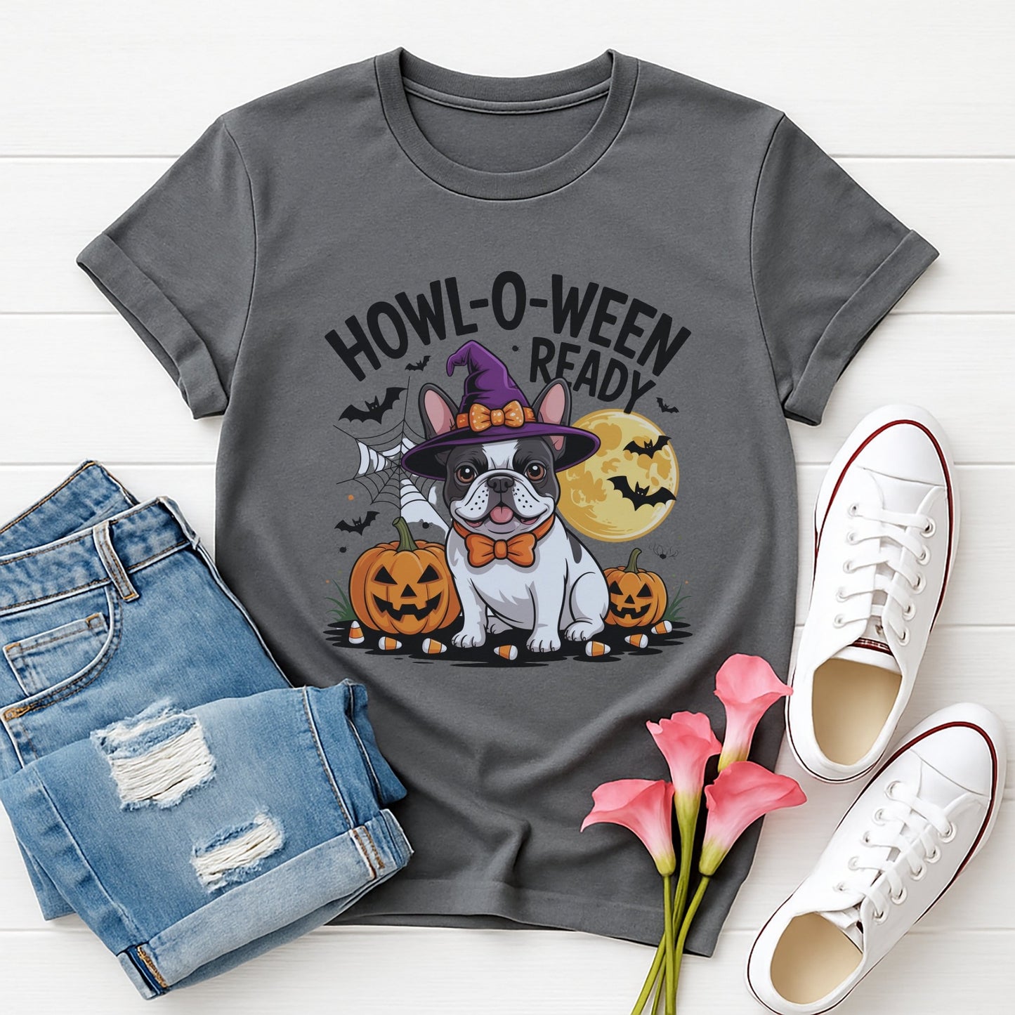 Charcoal Gray Gildan 6400 unisex t-shirt with retro dog graphic and ‘Howl-O-Ween-Ready’ text, perfect for dog lovers.