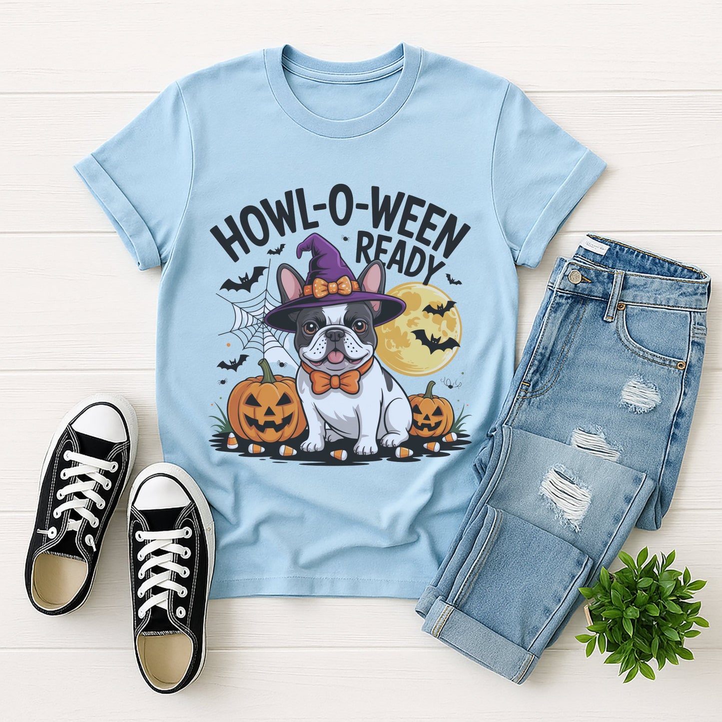 Light Blue Gildan 6400 unisex t-shirt with retro dog graphic and ‘Howl-O-Ween-Ready’ text, perfect for dog lovers.
