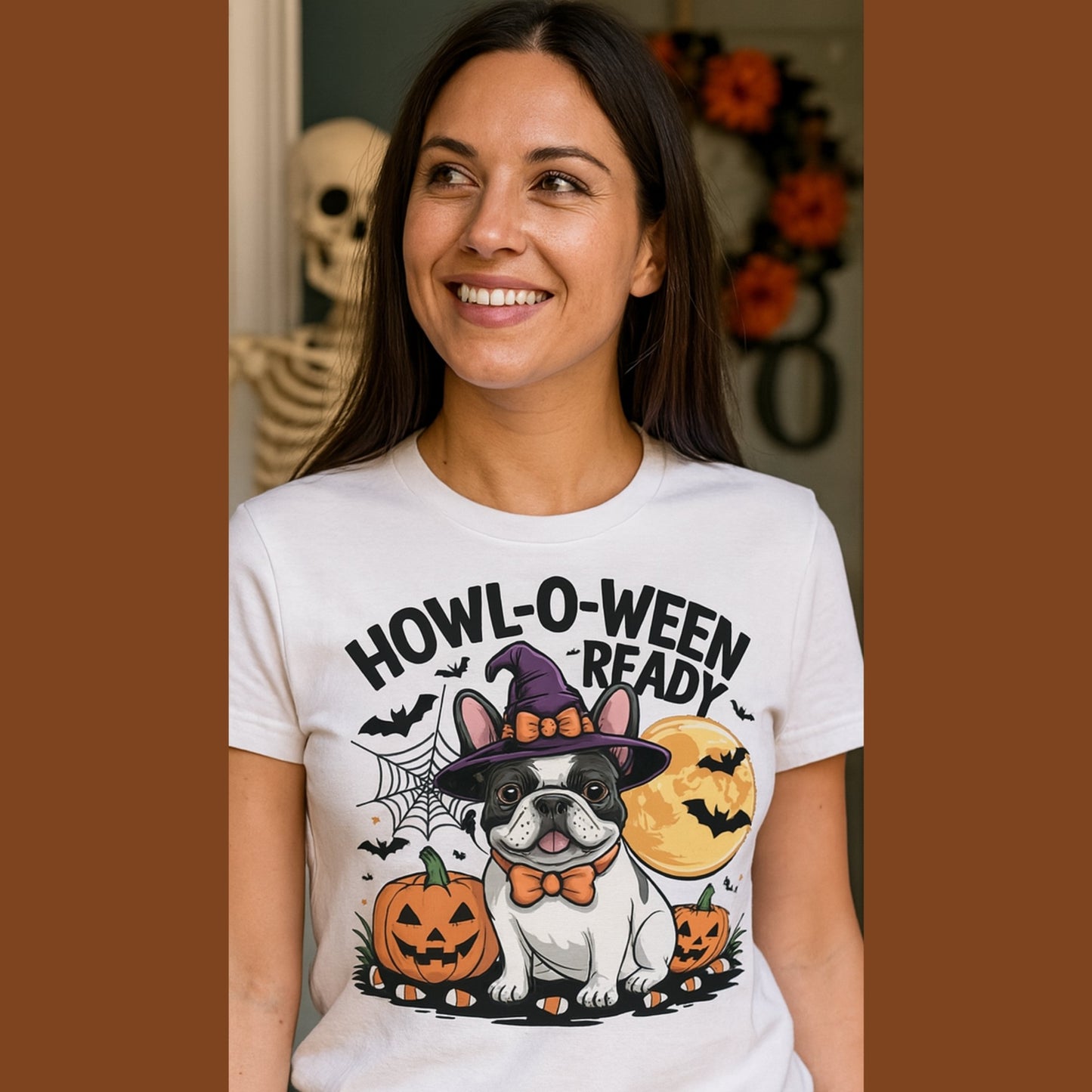White Gildan 6400 unisex t-shirt with retro dog graphic and ‘Howl-O-Ween-Ready’ text, perfect for dog lovers.