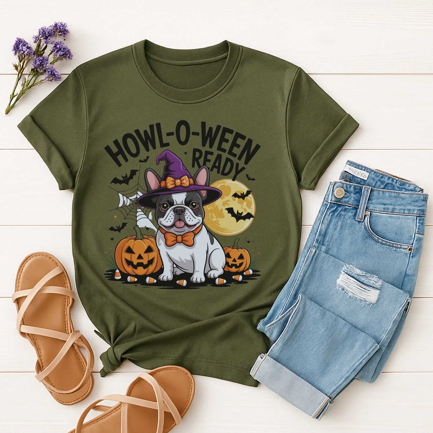 Military Green Gildan 6400 unisex t-shirt with retro dog graphic and ‘Howl-O-Ween-Ready’ text, perfect for dog lovers.