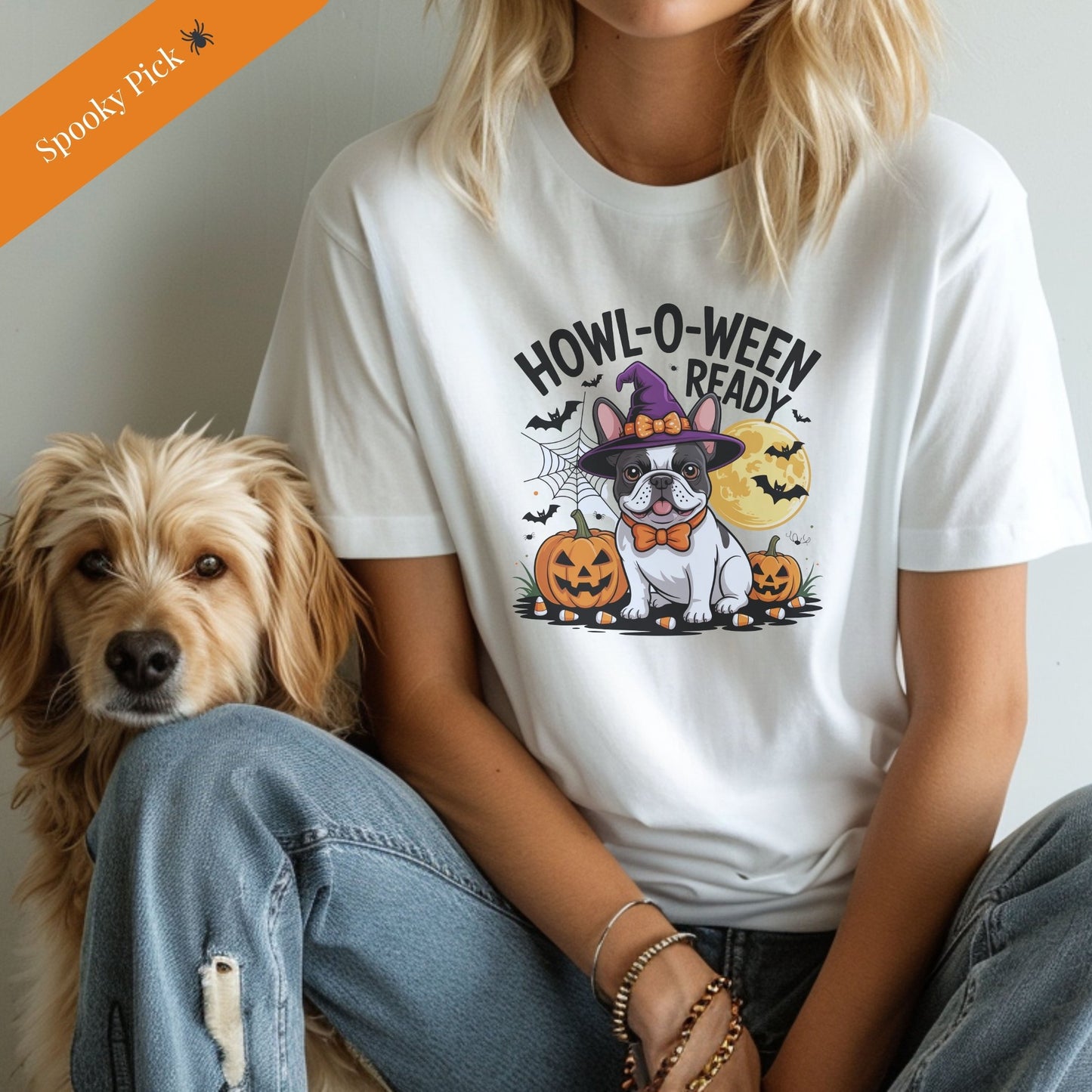 White unisex t-shirt with retro dog graphic and ‘Howl-O-Ween-Ready’ text, perfect for dog lovers.
