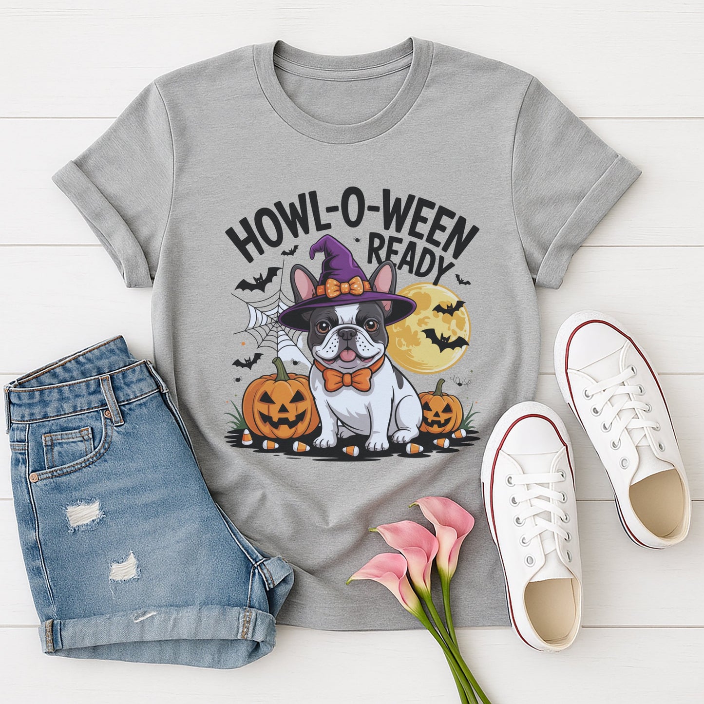 Sport Gray Gildan 6400 unisex t-shirt with retro dog graphic and ‘Howl-O-Ween-Ready’ text, perfect for dog lovers.