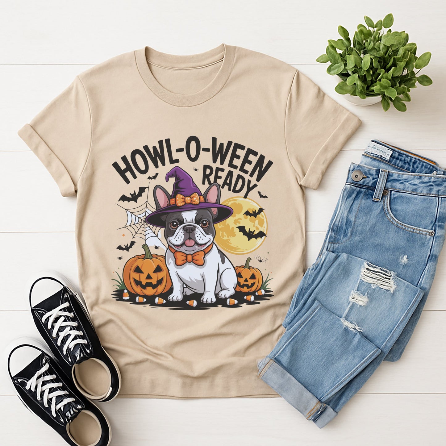 Sand Beige Gildan 6400 unisex t-shirt with retro dog graphic and ‘Howl-O-Ween-Ready’ text, perfect for dog lovers.