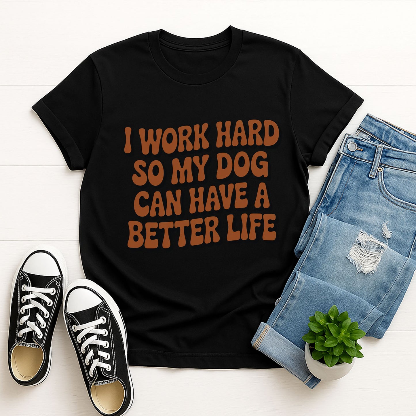 Black Gildan 6400 unisex t-shirt with retro dog graphic and ‘I WORK HARD SO MY DOG CAN HAVE A BETTER LIFE’ text, perfect for dog lovers.
