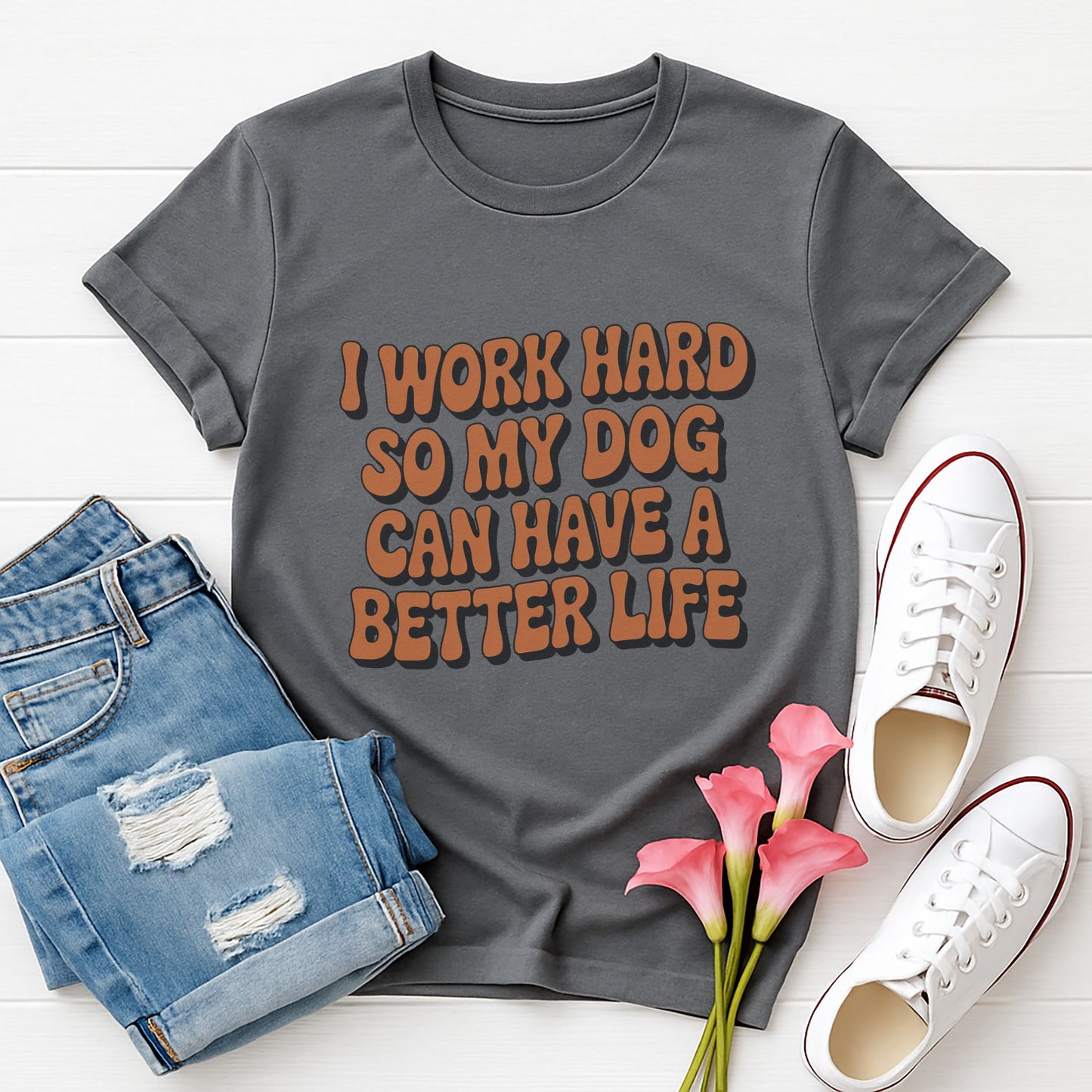 Charcoal Gray Gildan 6400 unisex t-shirt with retro dog graphic and ‘I WORK HARD SO MY DOG CAN HAVE A BETTER LIFE’ text, perfect for dog lovers.