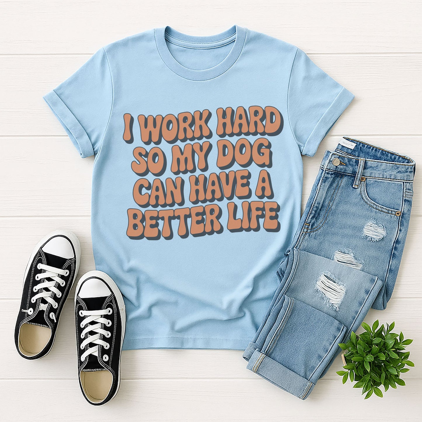 Light Blue Gildan 6400 unisex t-shirt with retro dog graphic and ‘I WORK HARD SO MY DOG CAN HAVE A BETTER LIFE’ text, perfect for dog lovers.