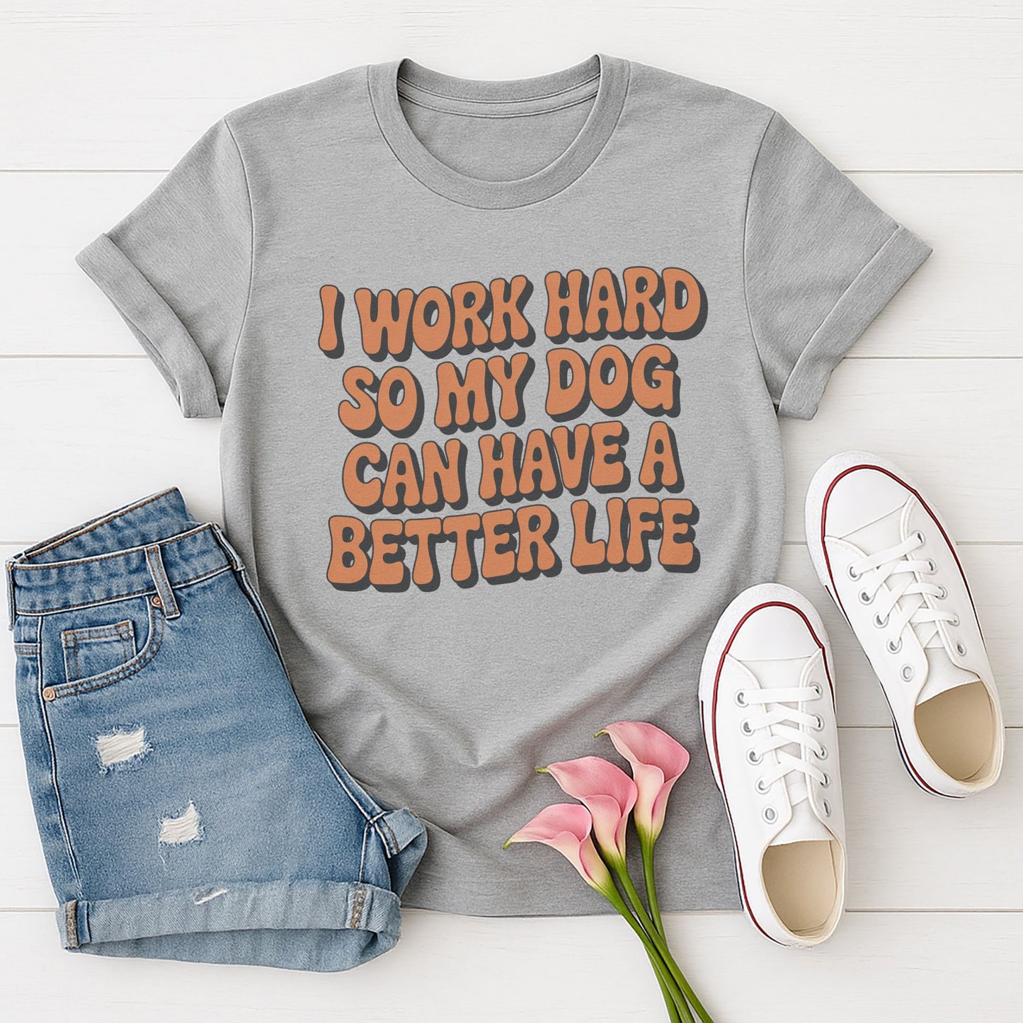 Sport Gray Gildan 6400 unisex t-shirt with retro dog graphic and ‘I WORK HARD SO MY DOG CAN HAVE A BETTER LIFE’ text, perfect for dog lovers.