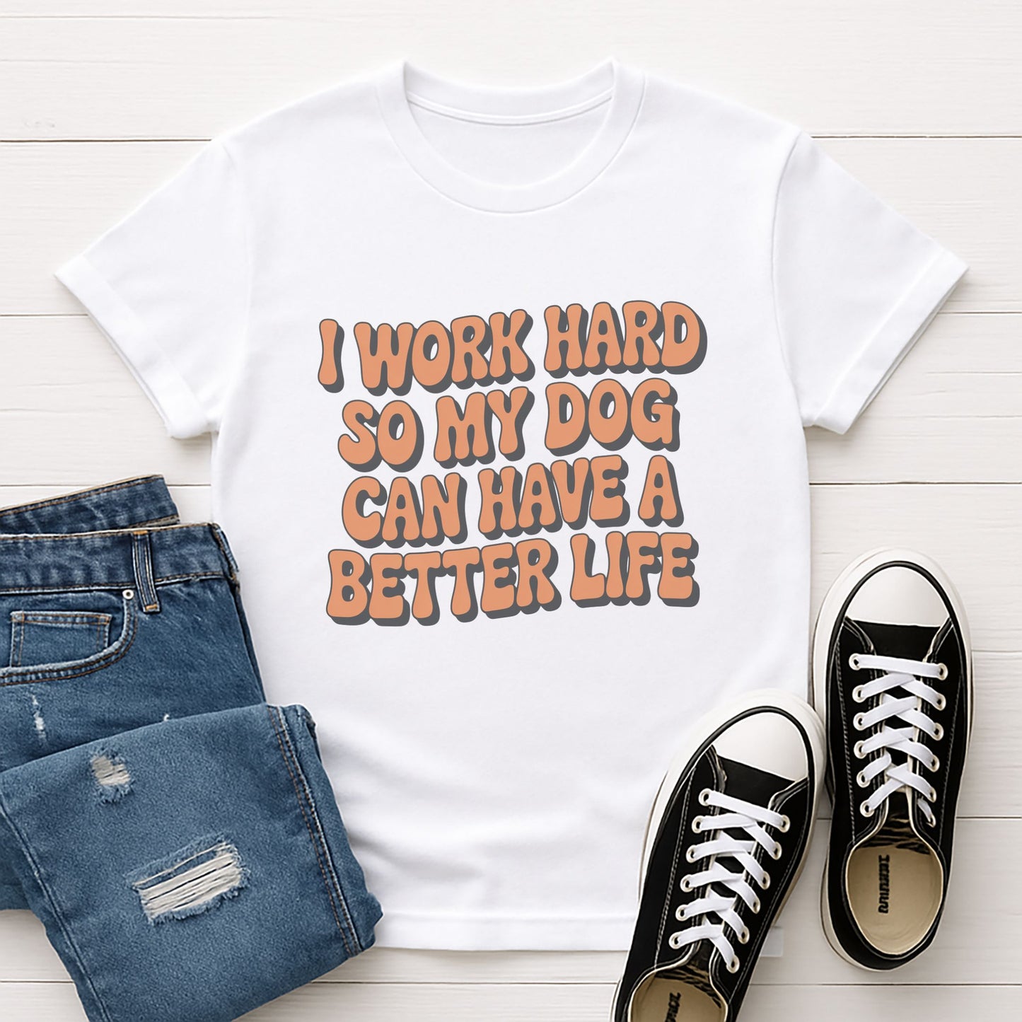 White Gildan 6400 unisex t-shirt with retro dog graphic and ‘I WORK HARD SO MY DOG CAN HAVE A BETTER LIFE’ text, perfect for dog lovers.