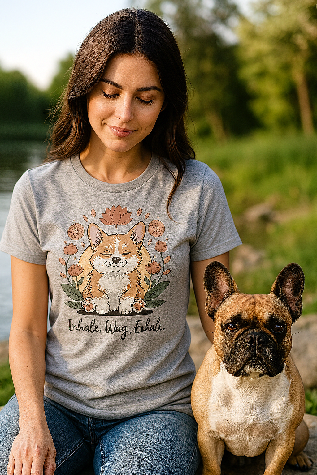 Woman wearing a t-shirt with a dog graphic and text, sitting next to a dog outdoors.