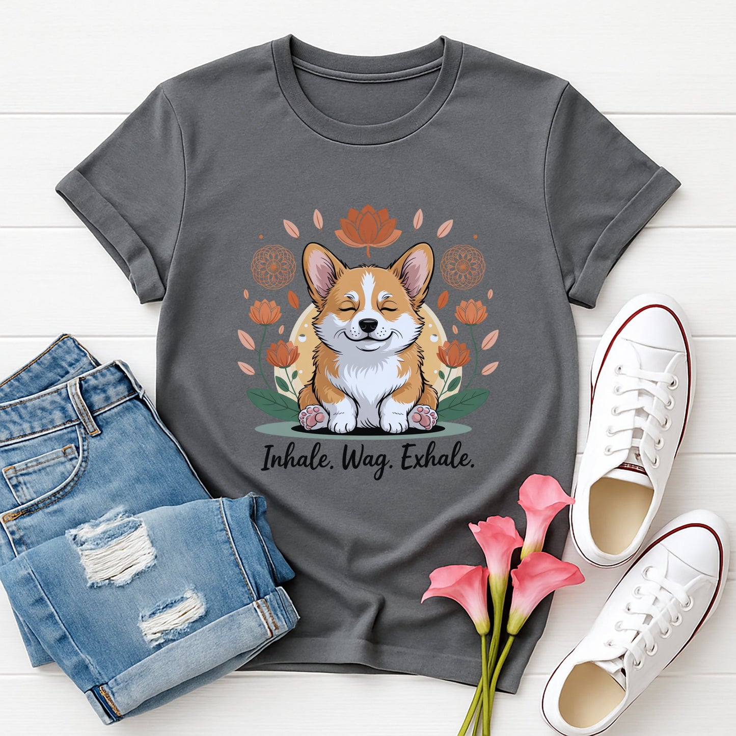 Charcoal Gray Gildan 6400 unisex t-shirt with retro dog graphic and ‘Inhale. Wag. Exhale.’ text, perfect for dog lovers.