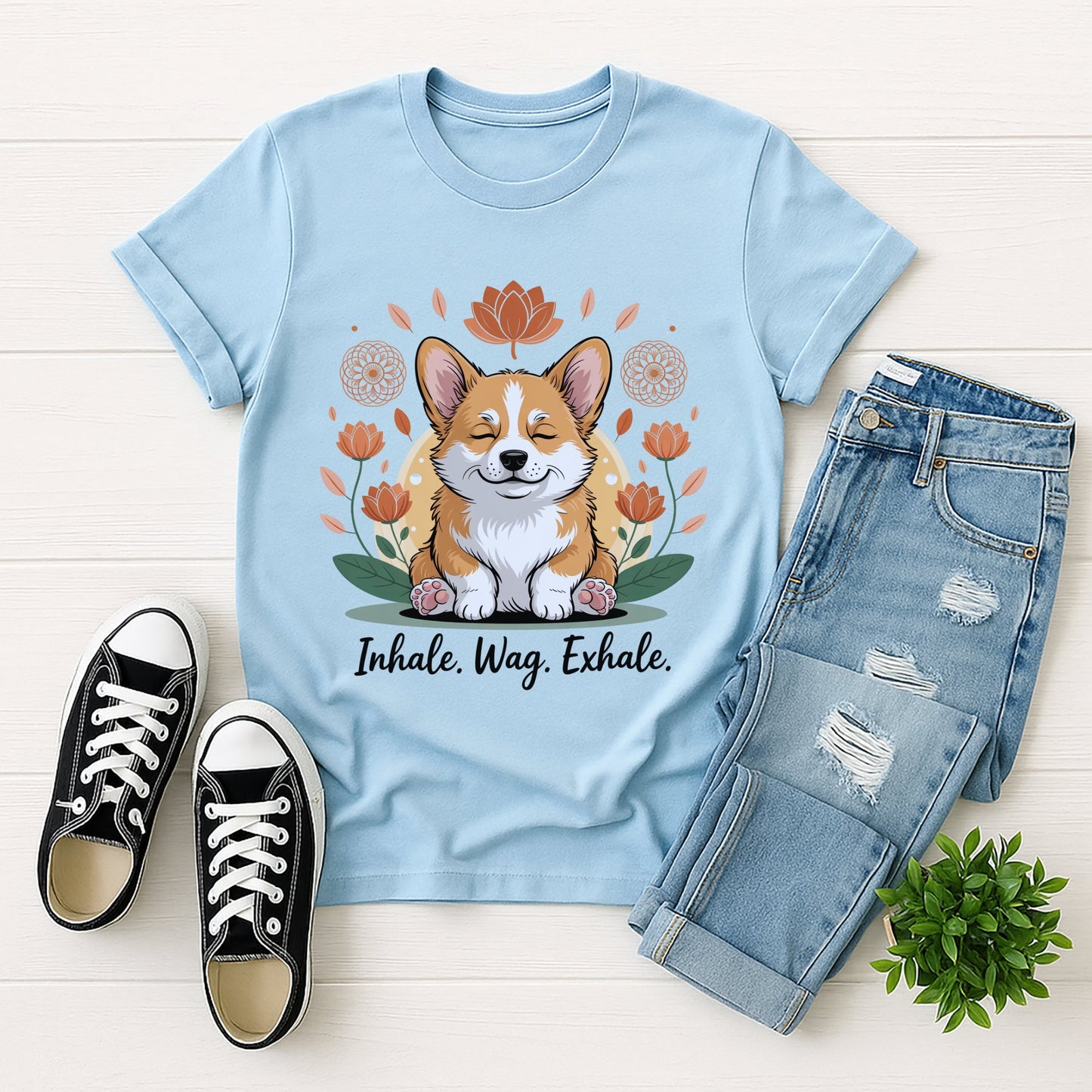 Light blue Gildan 6400 unisex t-shirt with retro dog graphic and ‘Inhale. Wag. Exhale.’ text, perfect for dog lovers.