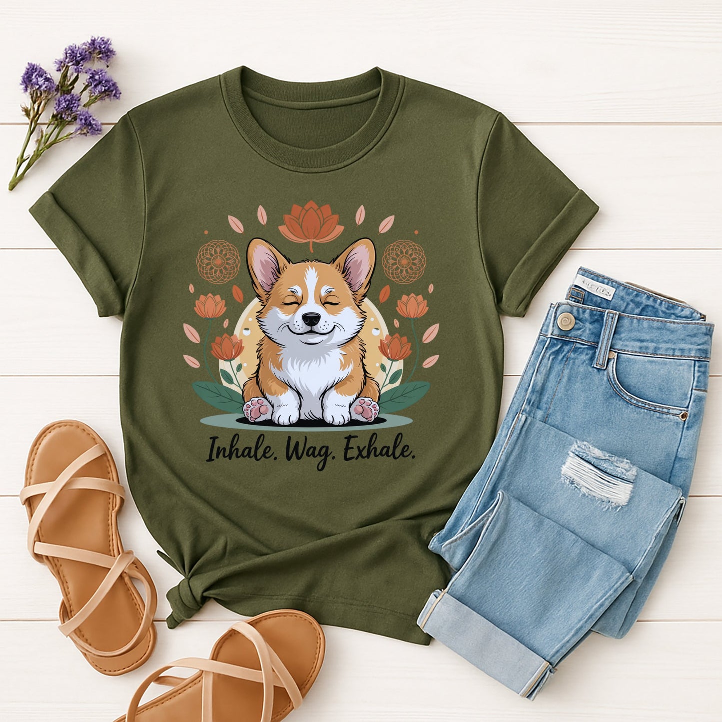 Military Green Gildan 6400 unisex t-shirt with retro dog graphic and ‘Inhale. Wag. Exhale.’ text, perfect for dog lovers.