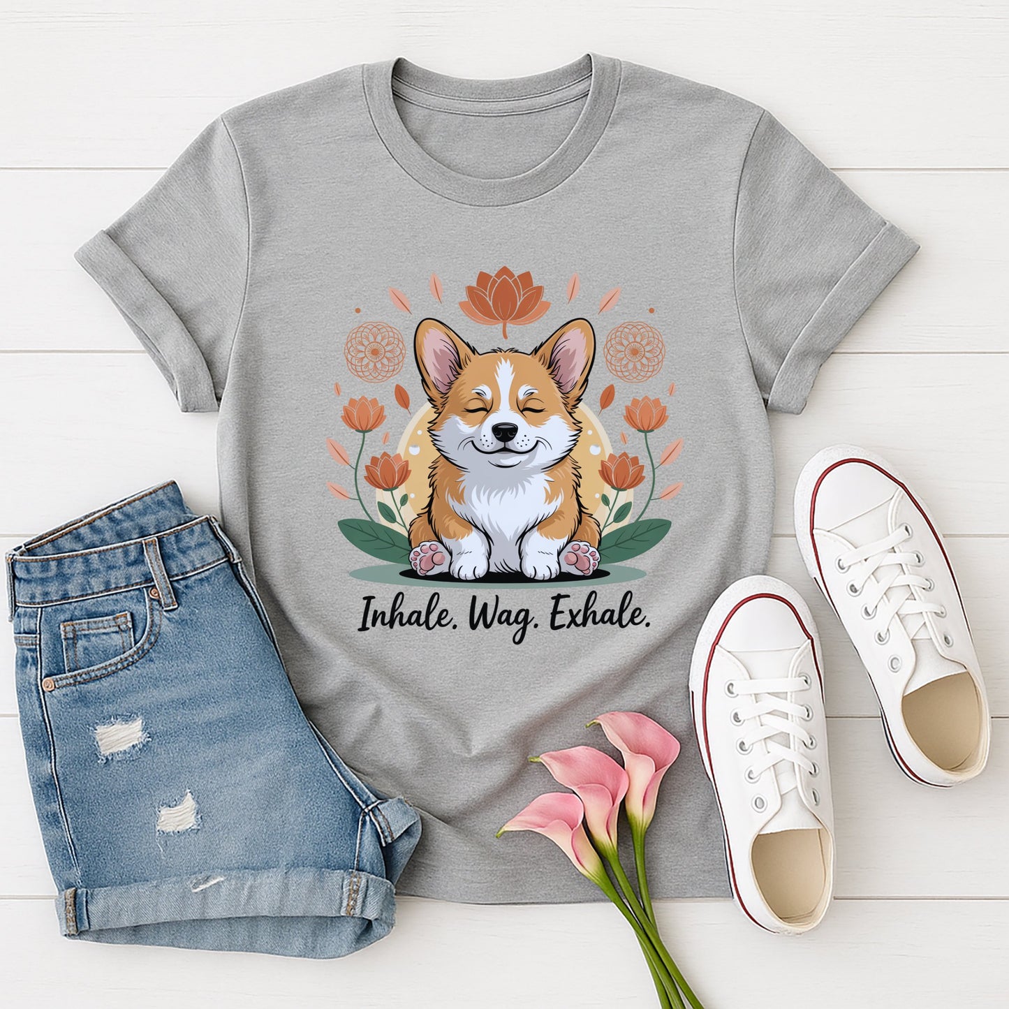Sport Gray Gildan 6400 unisex t-shirt with retro dog graphic and ‘Inhale. Wag. Exhale.’ text, perfect for dog lovers.