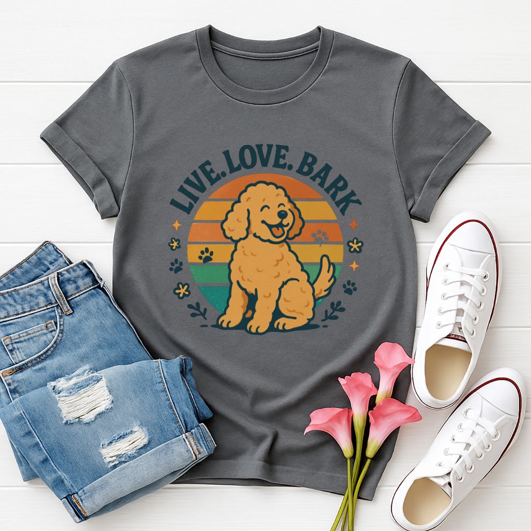 Charcoal Gray Gildan 6400 unisex t-shirt with retro dog graphic and āLive. Love.Barkā text, perfect for dog lovers.