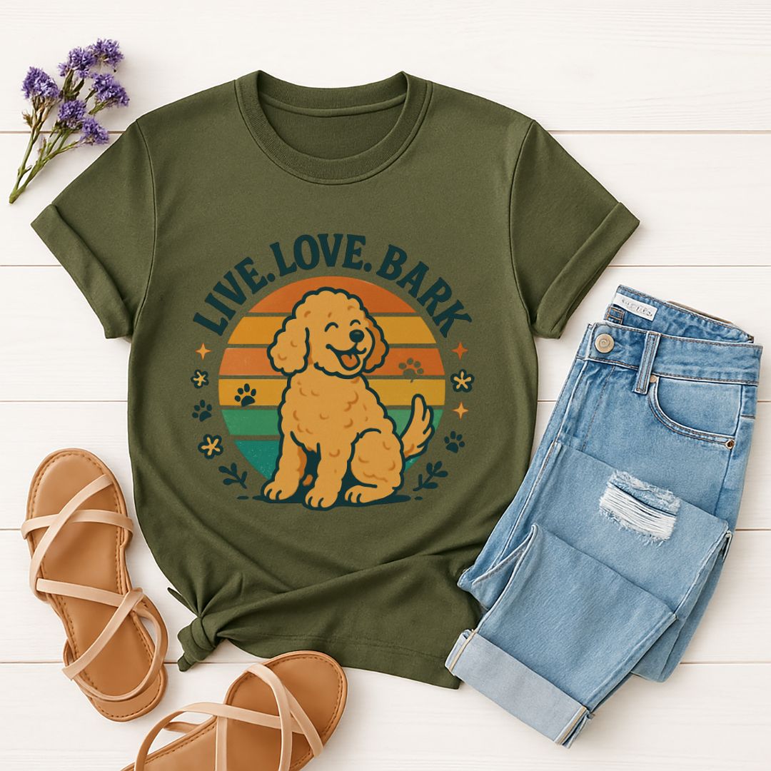 Military Green Gildan 6400 unisex t-shirt with retro dog graphic and āLive. Love.Barkā text, perfect for dog lovers.