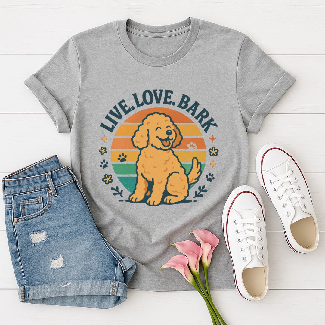 Sport Gray Gildan 6400 unisex t-shirt with retro dog graphic and āLive. Love.Barkā text, perfect for dog lovers.