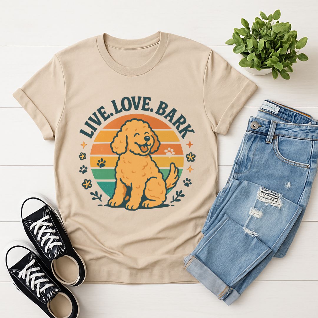 Sand Beige Gildan 6400 unisex t-shirt with retro dog graphic and āLive. Love.Barkā text, perfect for dog lovers.