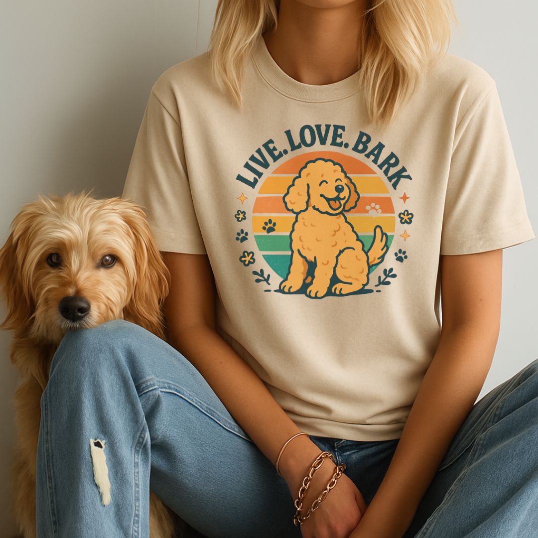 Sand Beige Gildan 6400 unisex t-shirt with retro dog graphic and āLive. Love.Barkā text, perfect for dog lovers.