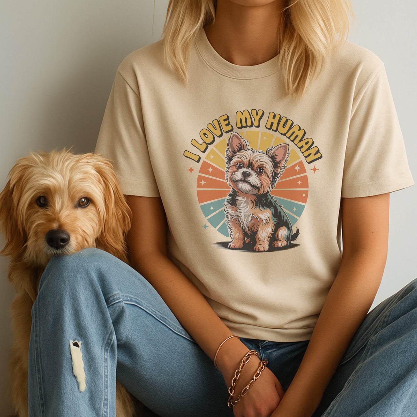 Sand Beige Gildan 6400 unisex t-shirt with retro dog graphic and ‘I Love My Human’ text, perfect for dog lovers.