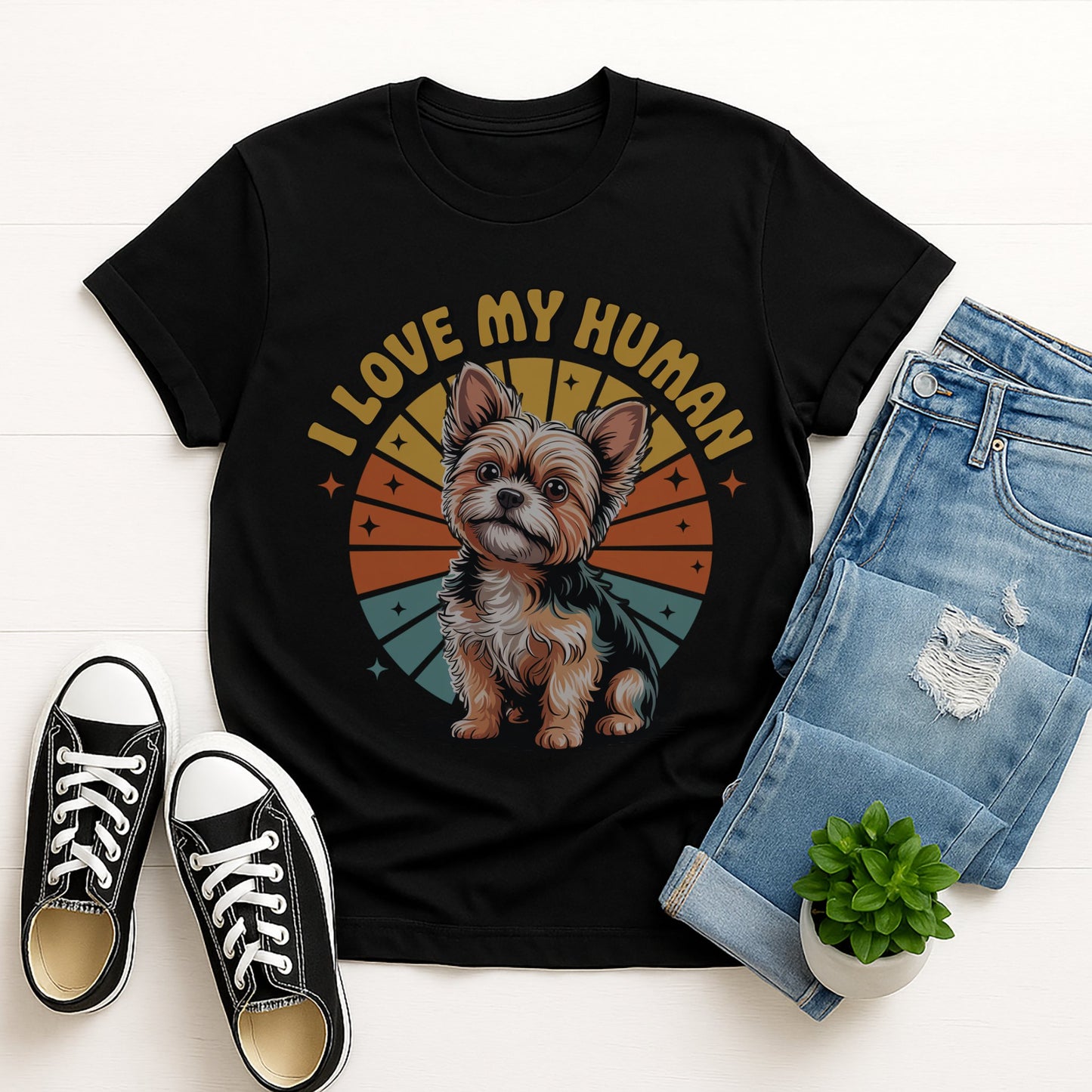 Black Gildan 6400 unisex t-shirt with retro dog graphic and ‘I Love My Human’ text, perfect for dog lovers.
