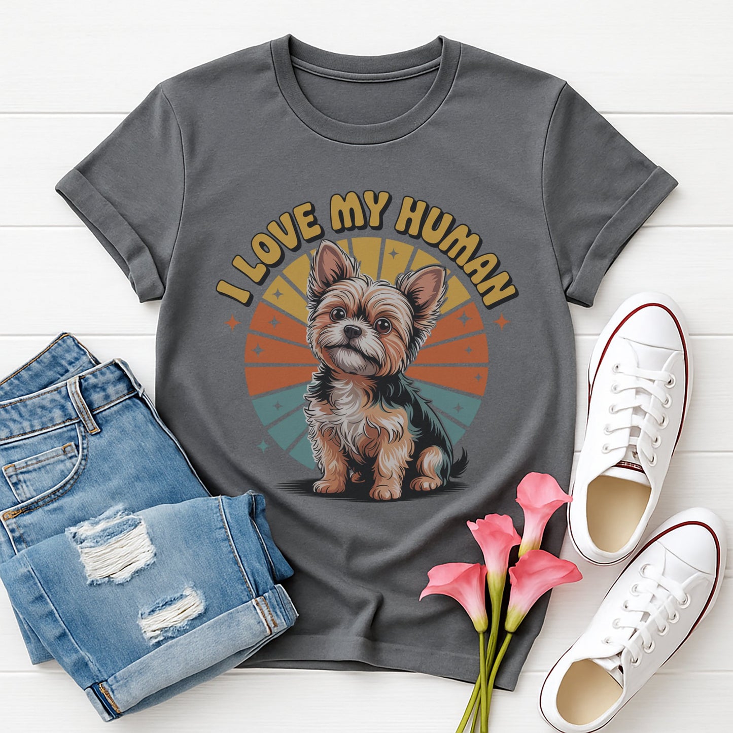 Charcoal Gray Gildan 6400 unisex t-shirt with retro dog graphic and ‘I Love My Human’ text, perfect for dog lovers.