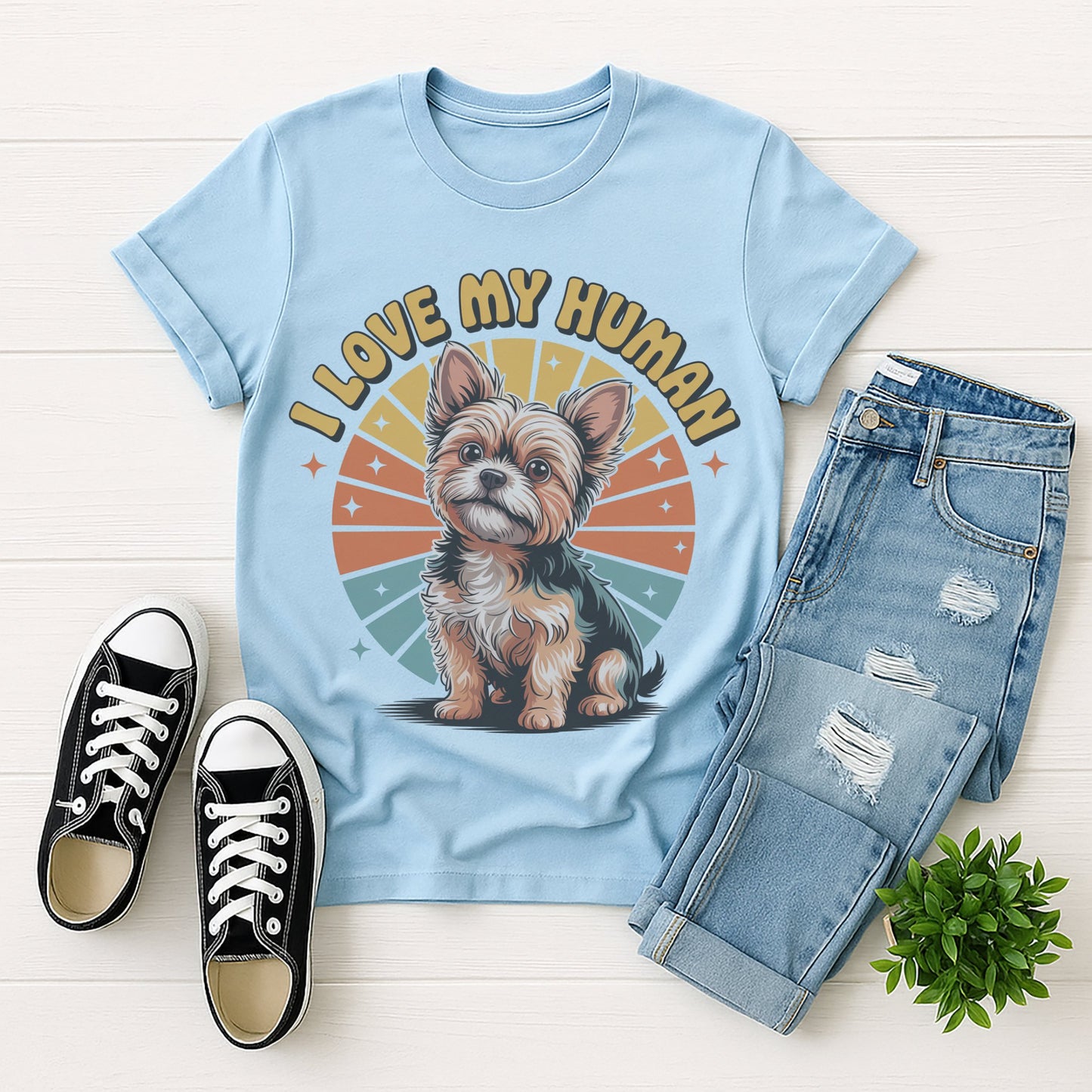 Light blue Gildan 6400 unisex t-shirt with retro dog graphic and ‘I Love My Human’ text, perfect for dog lovers.