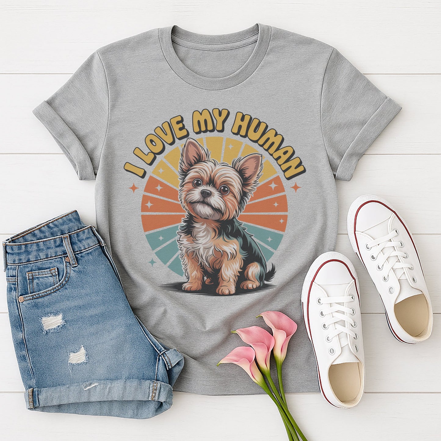 Sport Gray Gildan 6400 unisex t-shirt with retro dog graphic and ‘I Love My Human’ text, perfect for dog lovers.