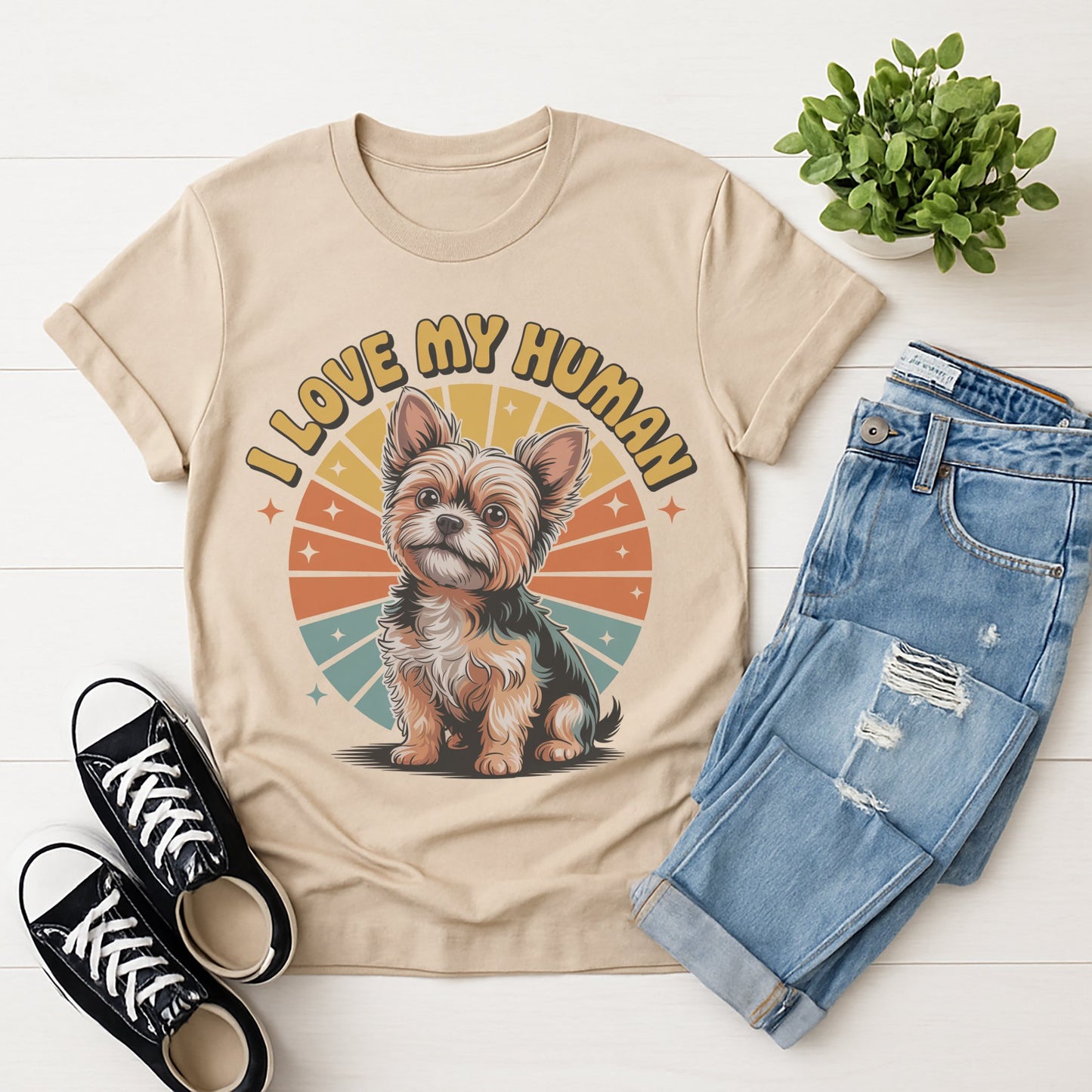 Sand Beige Gildan 6400 unisex t-shirt with retro dog graphic and ‘I Love My Human’ text, perfect for dog lovers.