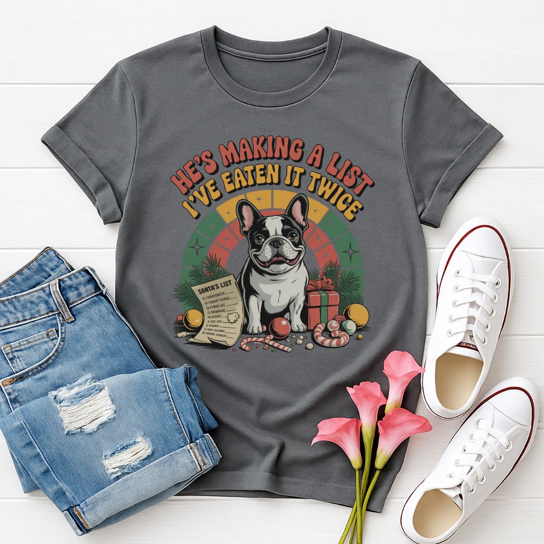 Charcoal Gray Gildan 6400 unisex t-shirt with retro dog graphic and ‘He's Making A List I've Eaten It Twice' text, perfect for dog lovers.