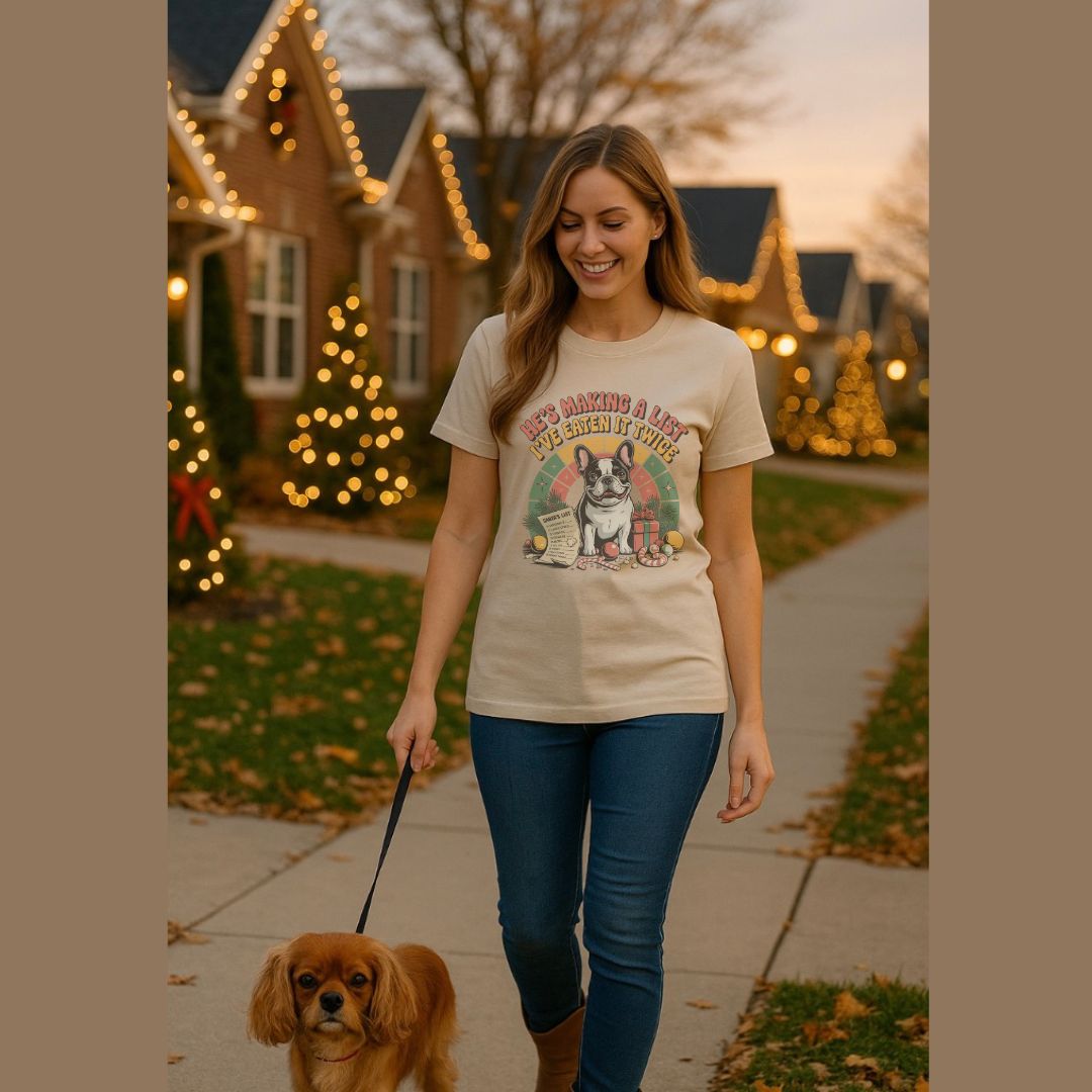 Unisex t-shirt with retro dog graphic and ‘He's Making A List I've Eaten It Twice' text, perfect for dog lovers.