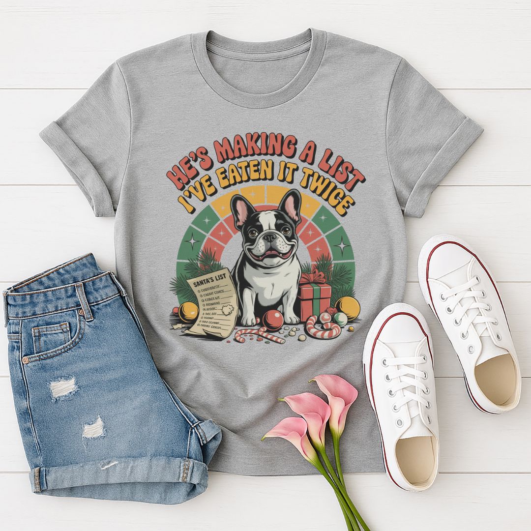 Sport Gray Gildan 6400 unisex t-shirt with retro dog graphic and ‘He's Making A List I've Eaten It Twice' text, perfect for dog lovers.