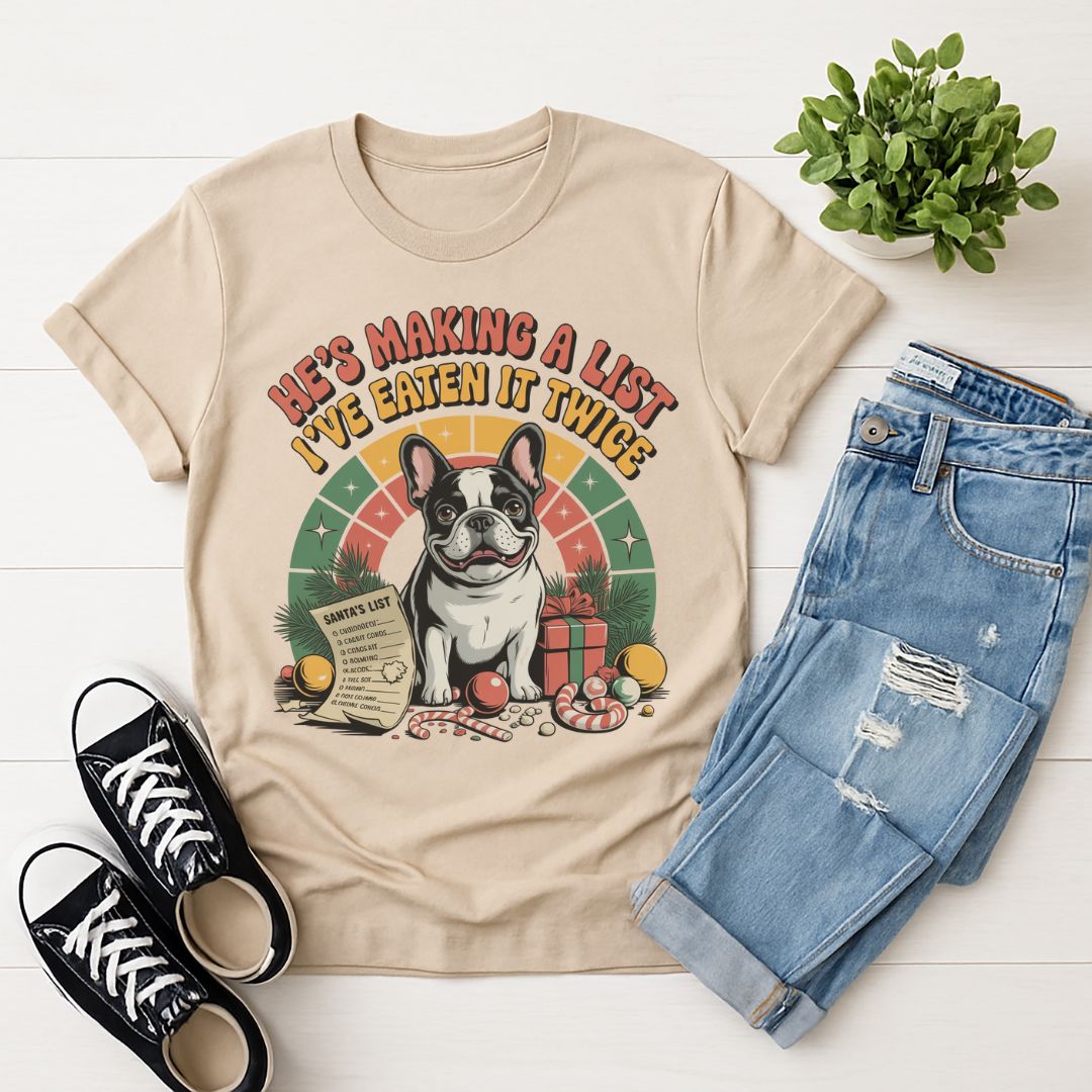 Sand Beige Gildan 6400 unisex t-shirt with retro dog graphic and ‘He's Making A List I've Eaten It Twice' text, perfect for dog lovers.