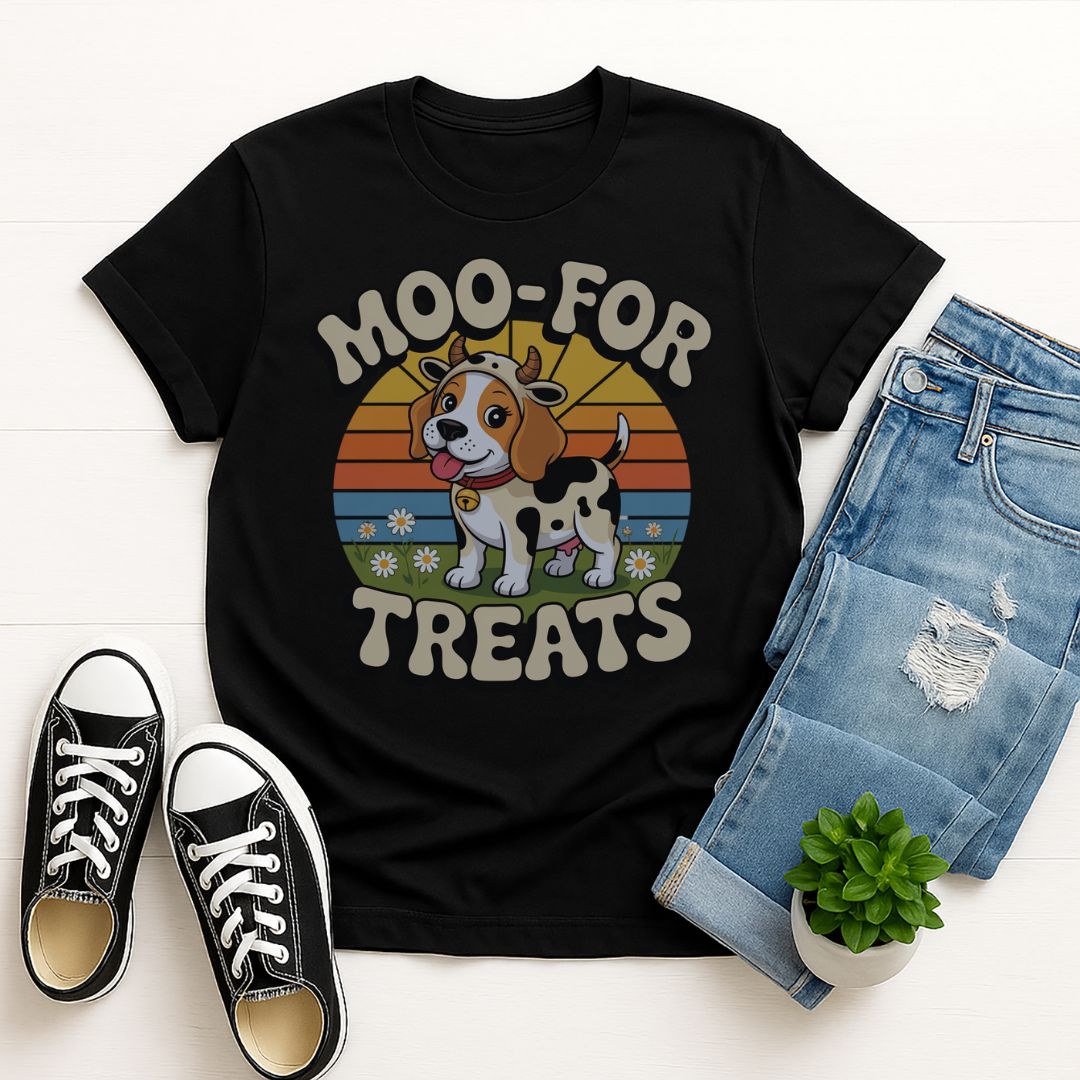 Black Gildan 6400 unisex t-shirt with retro dog graphic and ‘Moo For Treats’ text, perfect for dog lovers.