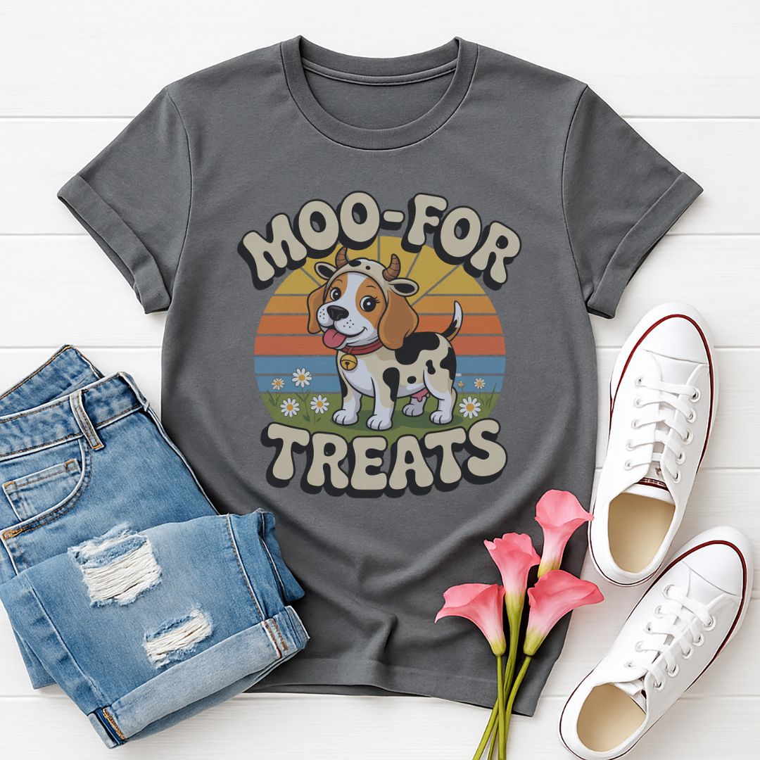Charcoal Gray Gildan 6400 unisex t-shirt with retro dog graphic and ‘Moo For Treats’ text, perfect for dog lovers.