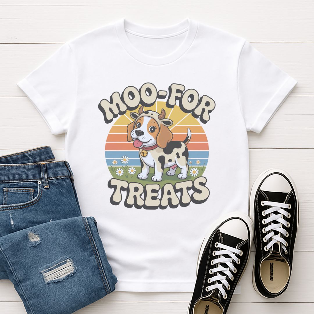 White Gildan 6400 unisex t-shirt with retro dog graphic and ‘Moo For Treats’ text, perfect for dog lovers.
