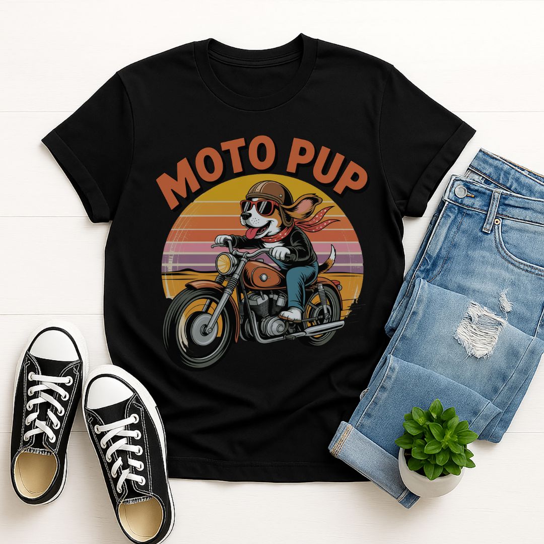 Black Gildan 6400 unisex t-shirt with retro dog graphic and ‘Moto Pup text, perfect for dog lovers.