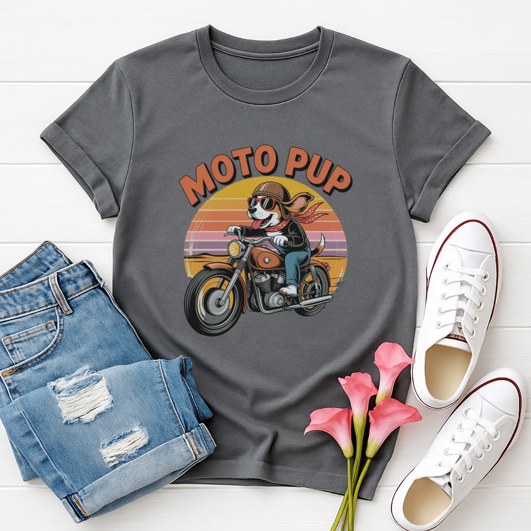 Charcoal Gildan 6400 unisex t-shirt with retro dog graphic and ‘Moto Pup text, perfect for dog lovers.