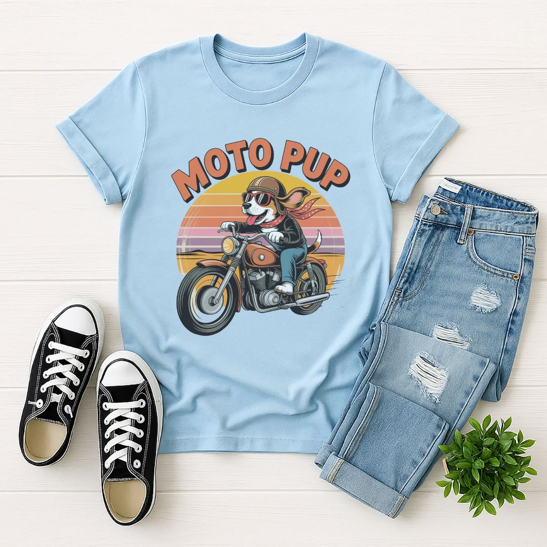 Light Blue Gildan 6400 unisex t-shirt with retro dog graphic and ‘Moto Pup text, perfect for dog lovers.