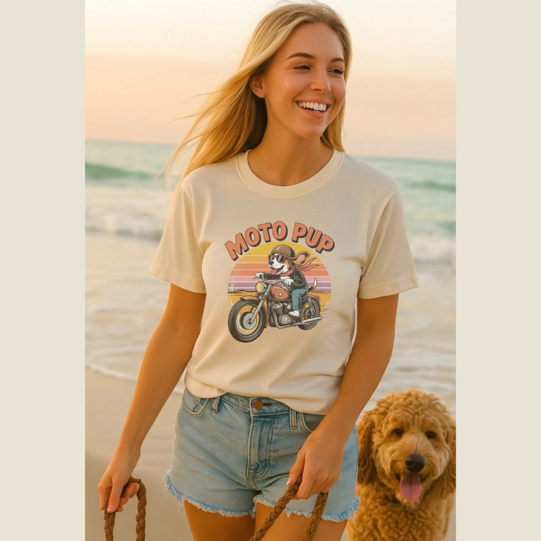 Unisex t-shirt with retro dog graphic and ‘Moto Pup text, perfect for dog lovers.